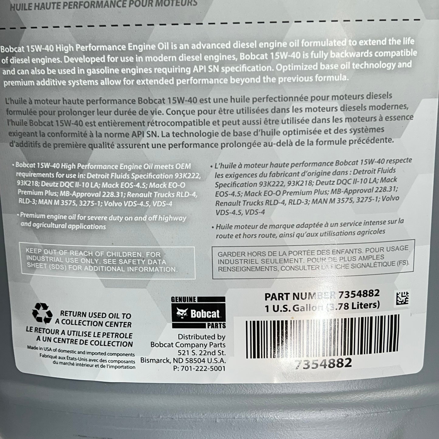 BOBCAT (2 PACK) High Performance Engine Oil 15w-40 for Diesel & Gasoline 1 Gal
