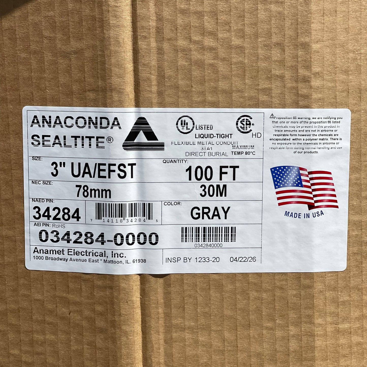 Z@ ANACONDA Sealtite Flexible Conduit 3” UA/EFST 100 ft Gray MADE IN USA(New)