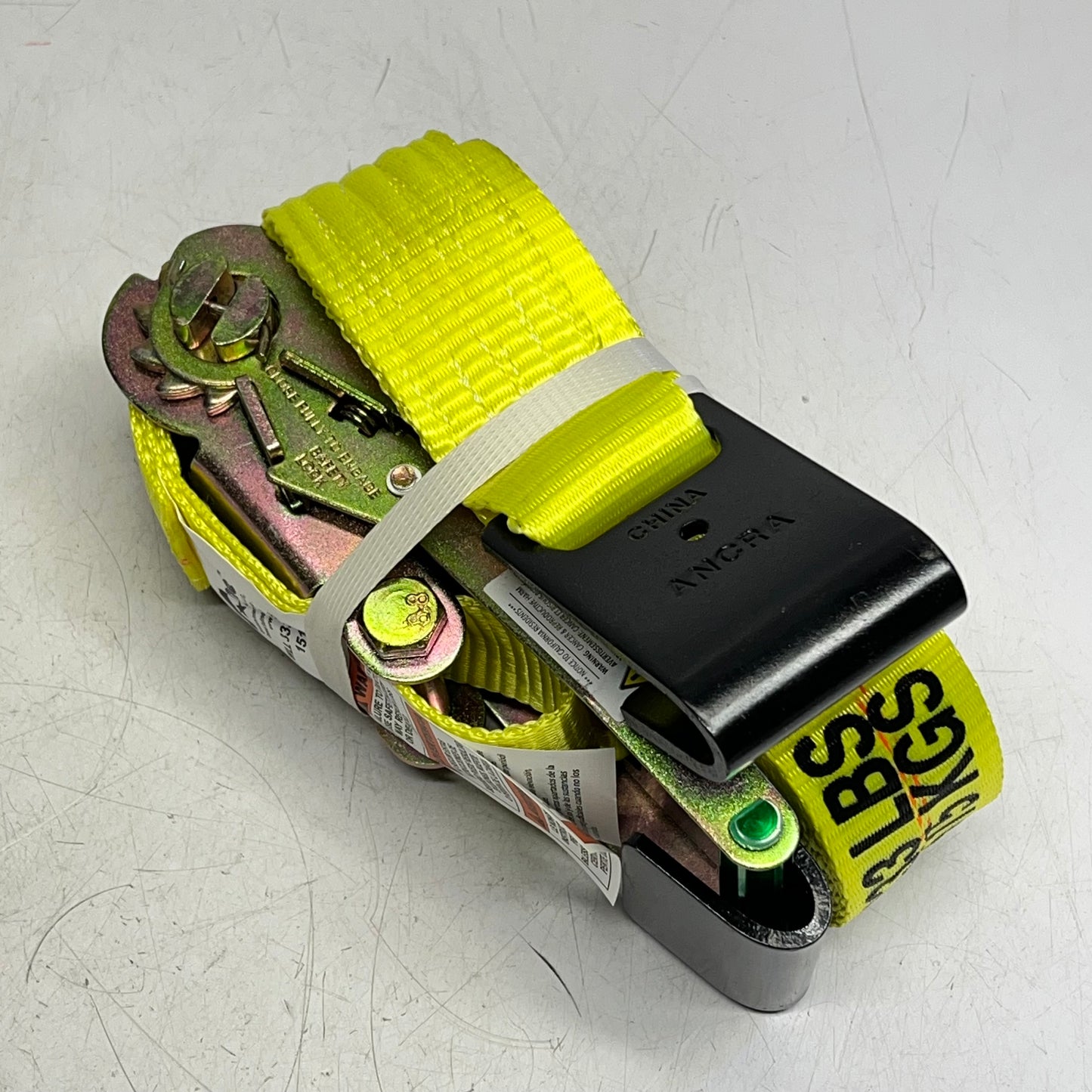 ANCRA Ratchet Strap W/ Flat Hook Latex Coated  2"x27' - 3,333 lbs Cap Yellow 557