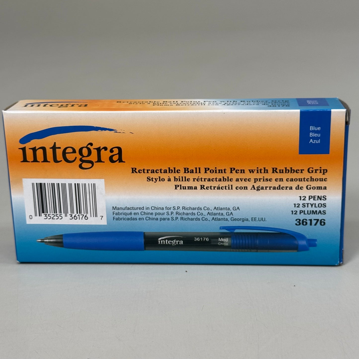 INTEGRA (12 PACK) Retractable Ball Medium Point Pen w/ Rubber Grip Blue 36176