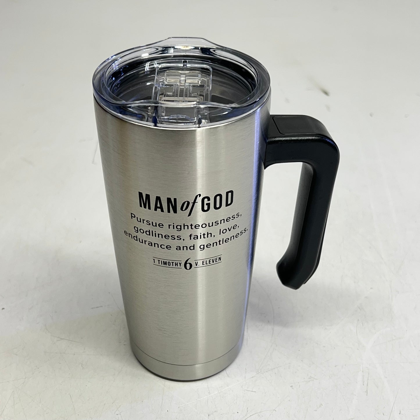 CHRISTIAN ART GIFTS Timothy 6:11 Travel Mug with Handle 18 fl oz Silver SMUG328