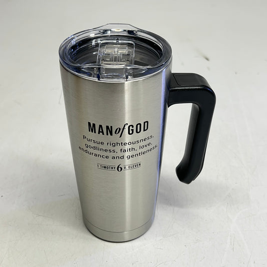 CHRISTIAN ART GIFTS Timothy 6:11 Travel Mug with Handle 18 fl oz Silver SMUG328