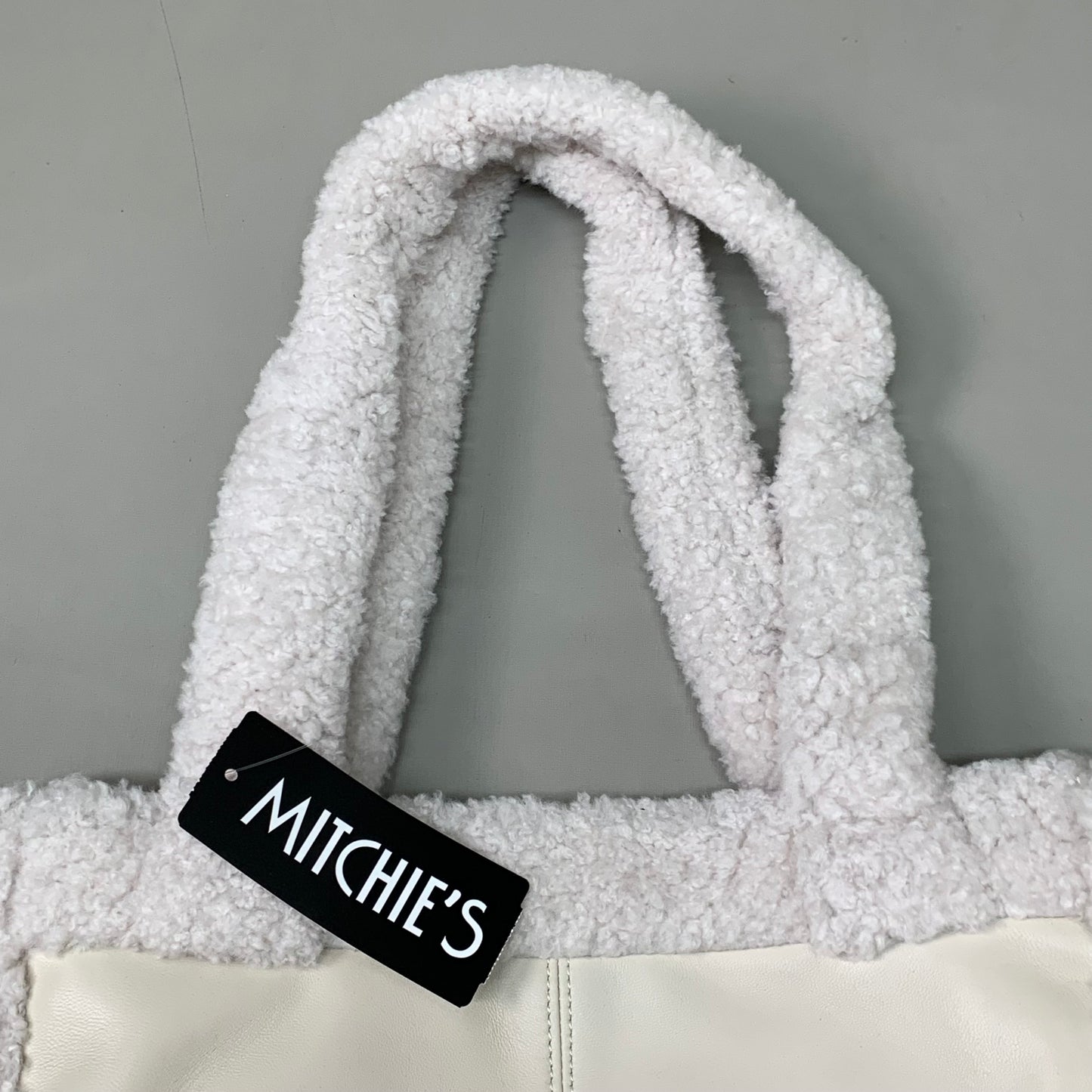 MITCHIES Leather Tote Bag Shearling Trim Button Close & Pockets Pearl PRMK07