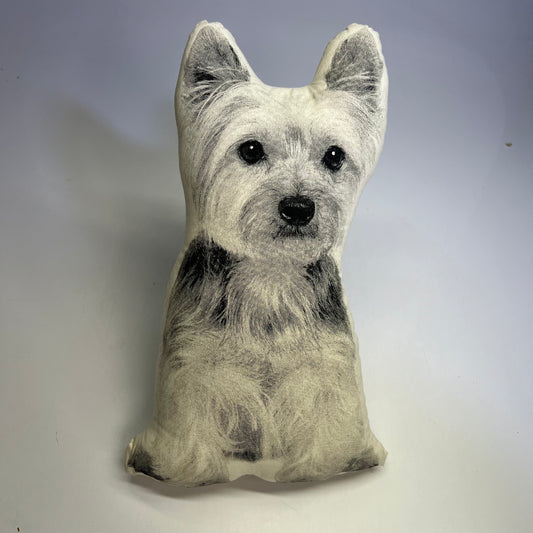 BRODERPRESS Hand Silkscreened Contoured Yorkshire Terrier Pillow 16"x10" B&W