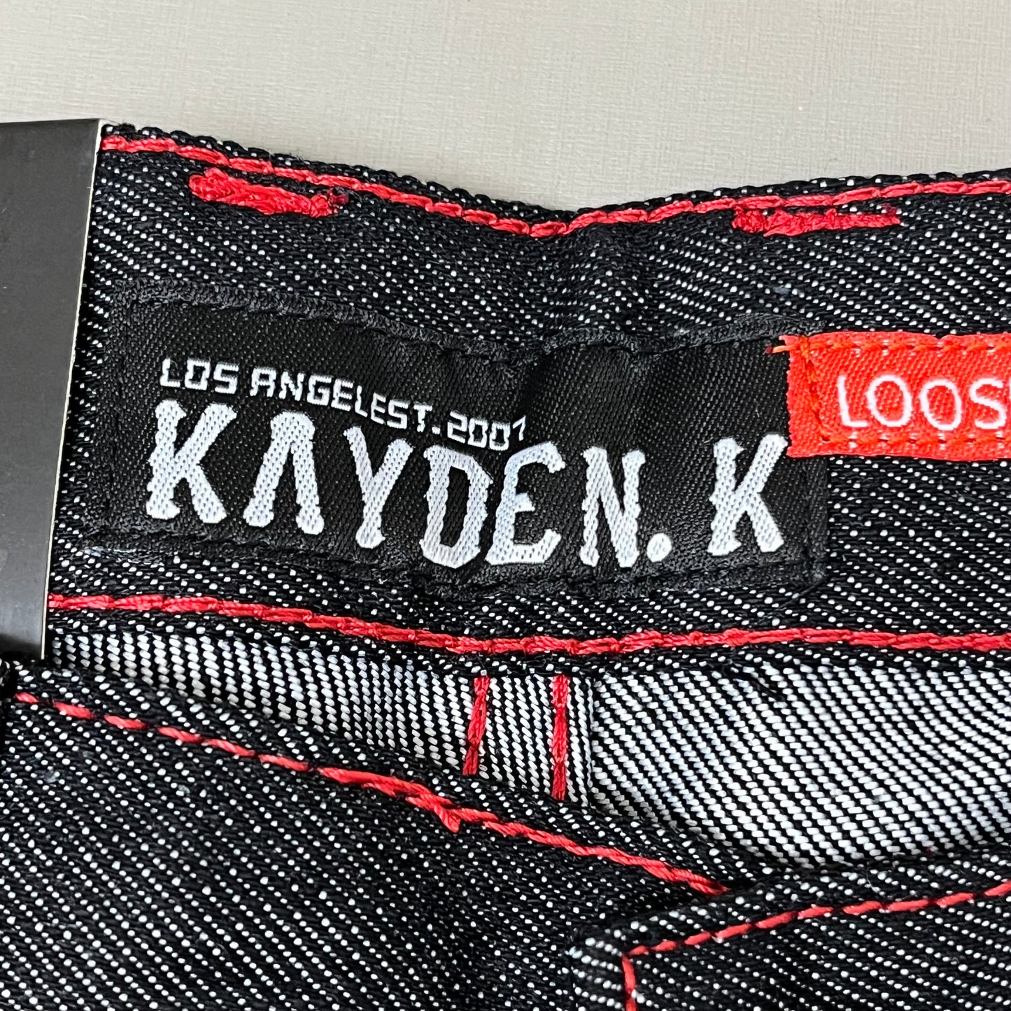 KAYDENK Raw Loose Fit Unwashed Denim Contrast Stitch Jean Men SZ 32/32 Black/Red