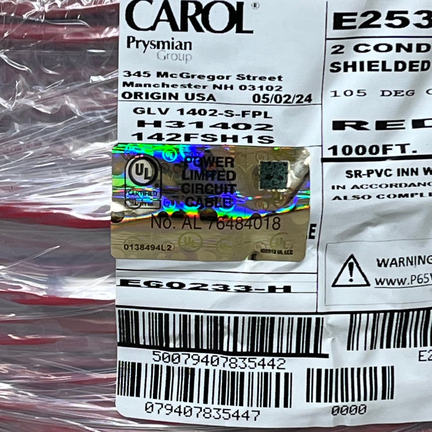 CAROL 2 Conductor Shielded Cable Fire Alarm/Safety 14 Gauge 1000ft E2532S.41.03