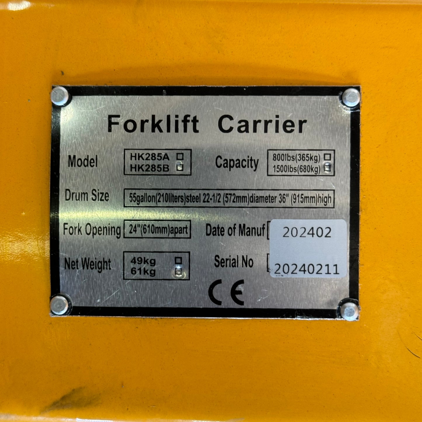 PRO SOURCE Forklift Carrier for Barrels HK285B 1500Lbs Yellow