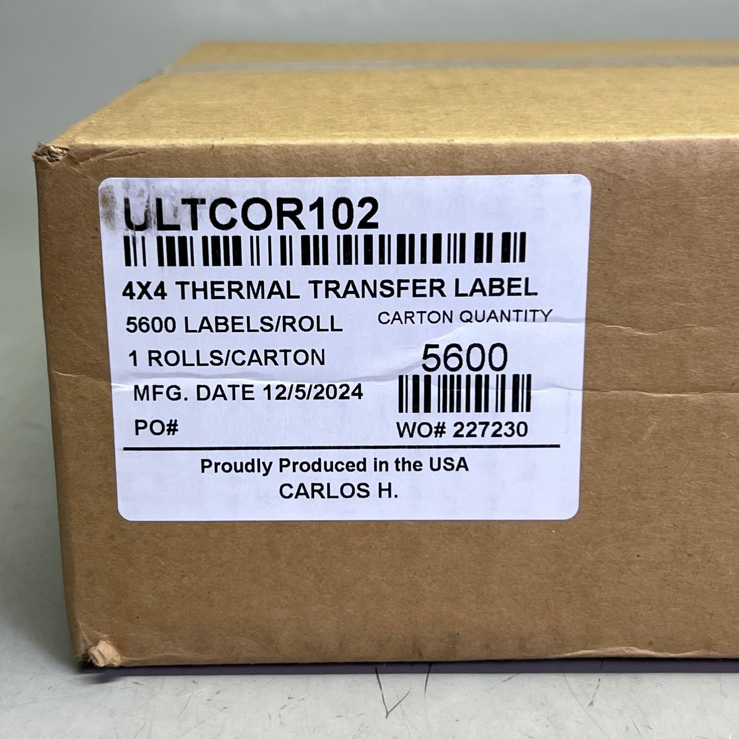 CARLOS H. 4x4 Thermal Transfer Label 5600 Labels/Roll, Black & White ULTCOR102