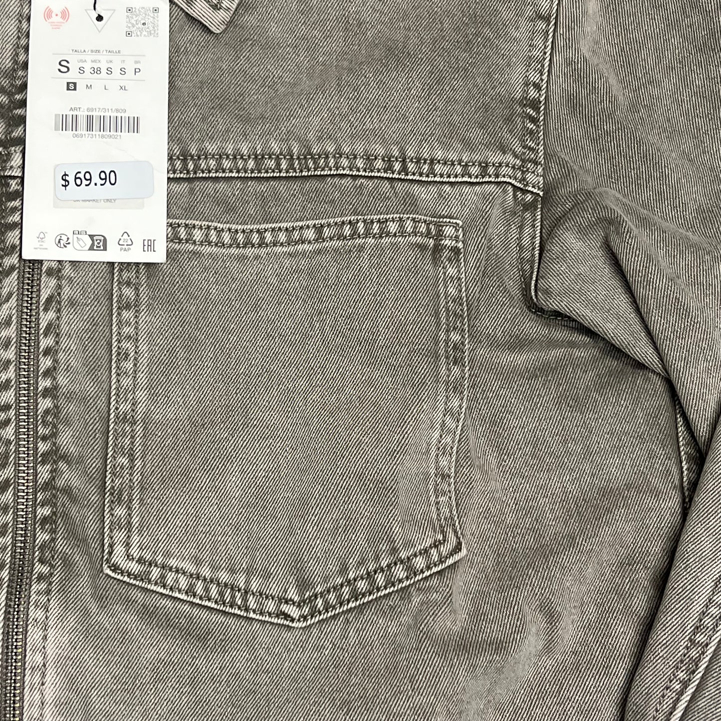 ZA@ ZARA Zip Up Denim Jacket W/ Chest Pocket Women's Sz S Stonewashed Grey