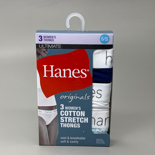 HANES 3 PACK!! Originals Women's Breathable Cotton Stretch Thongs Underwear Sz 5/S Navy/White/Floral 45U0BT