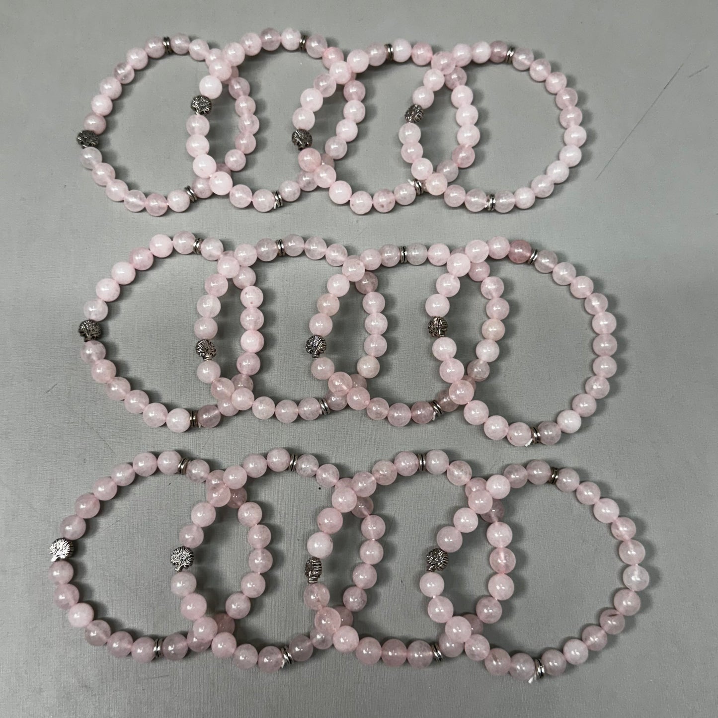 BEST WHOLESALE (12 PACK) Beaded Rose Quartz Crystal Bracelets 3" Silver Tree New