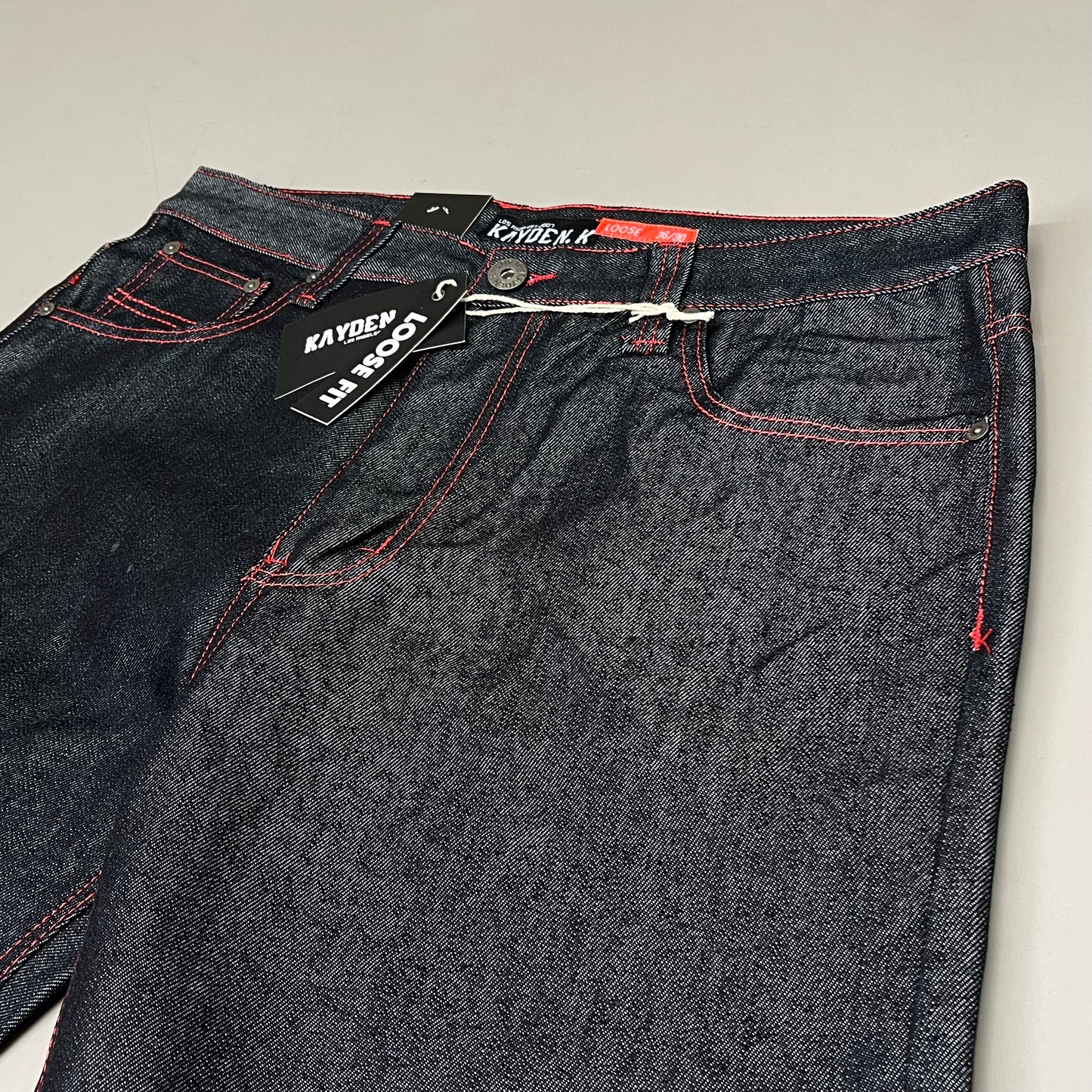 KAYDENK Raw Loose Fit Unwashed Denim Contrast Stitch Jean Men SZ 32/32 Black/Red