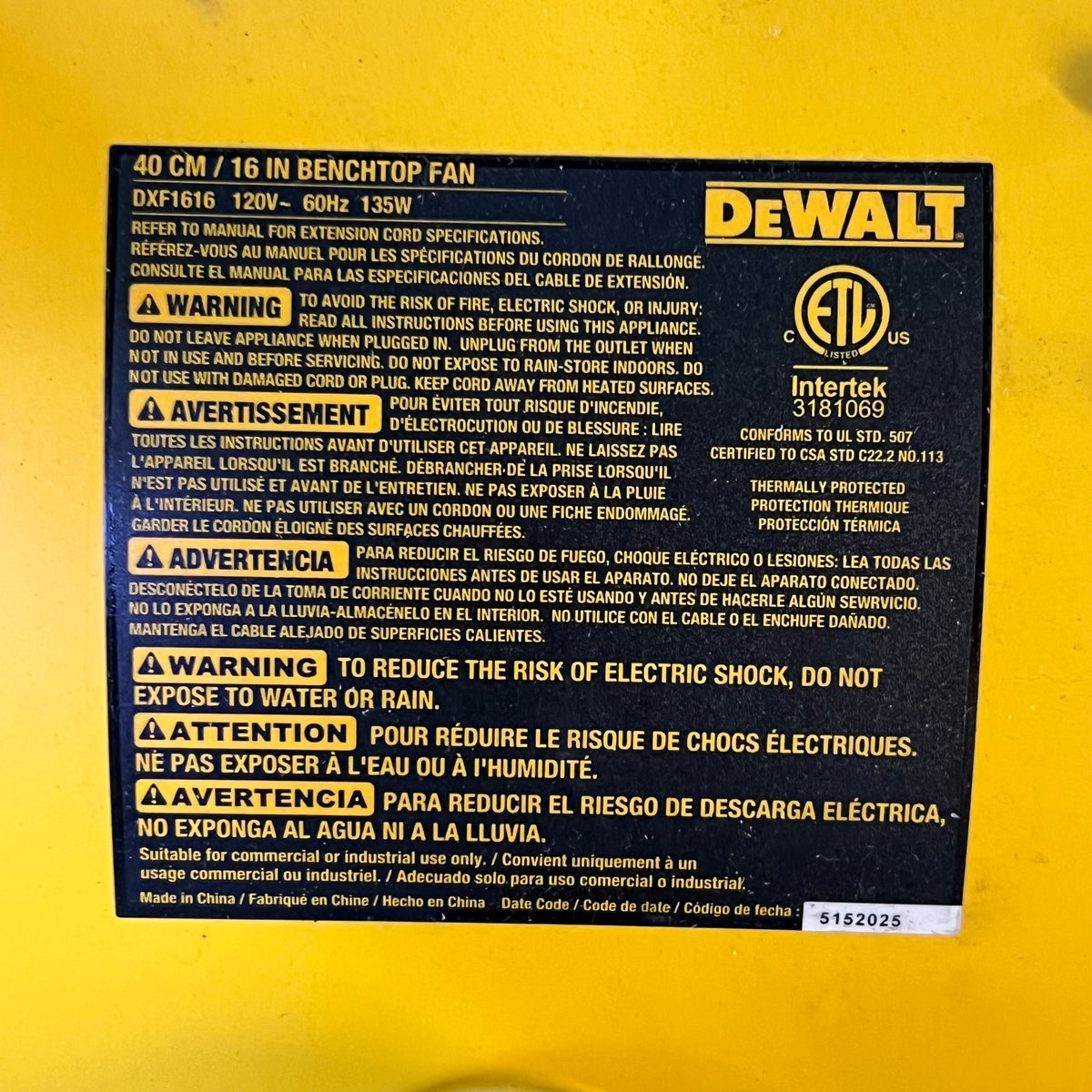 DEWALT 16" High Velocity Shop Fan 3-Speed 360-Degree Tilt - Yellow DXF1616 (Customer Return)