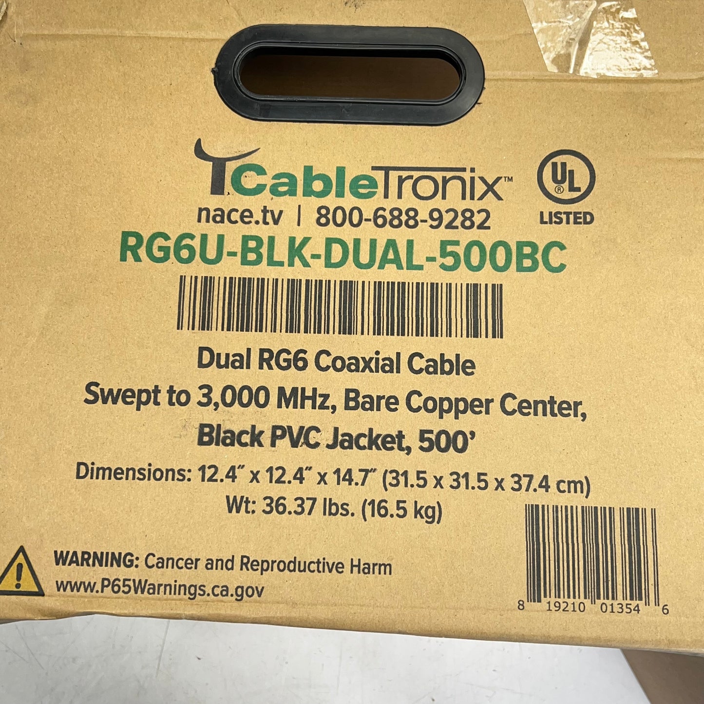 T-CABLE TRONIX Dual Shielded Rg6 Coaxial Cable 500' Black RG6U-BLK-DUAL-500BC