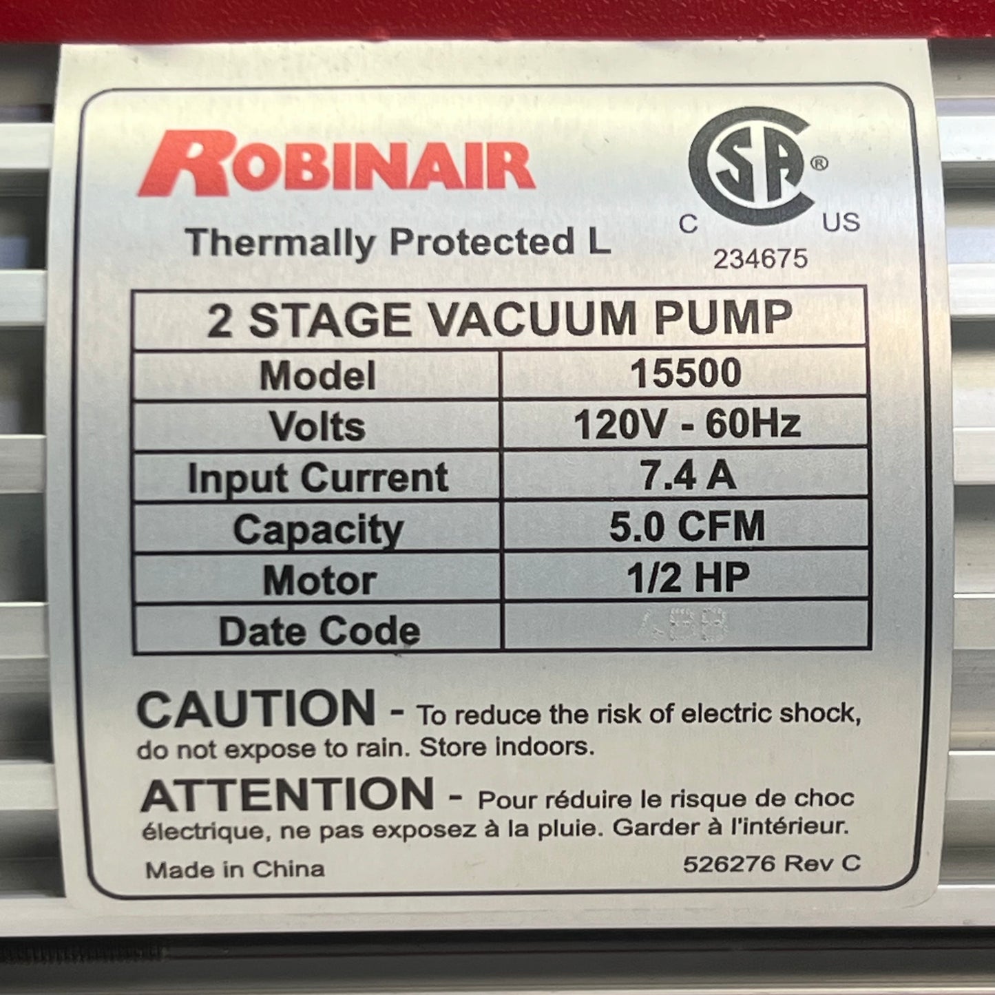 ROBINAIR 2 Stage Vacuum Pump 120V - 60Hz - 1/2HP + Fill Kit 25L, 15500