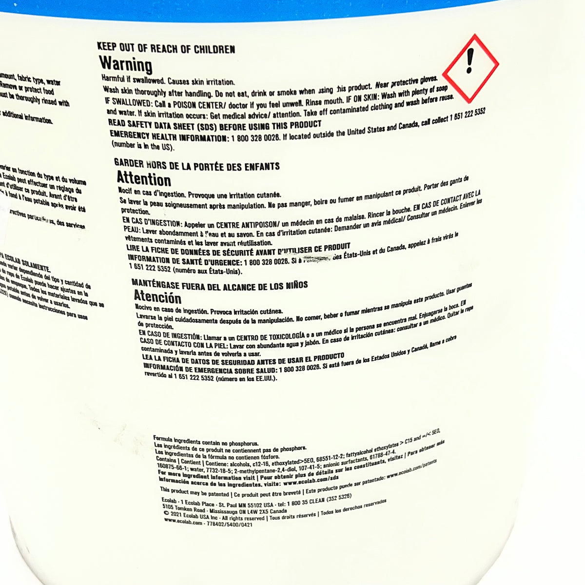 ECOLAB Liquid Laundry Neutral Detergent Low Sudsing 5 Gal Bucket 6102161