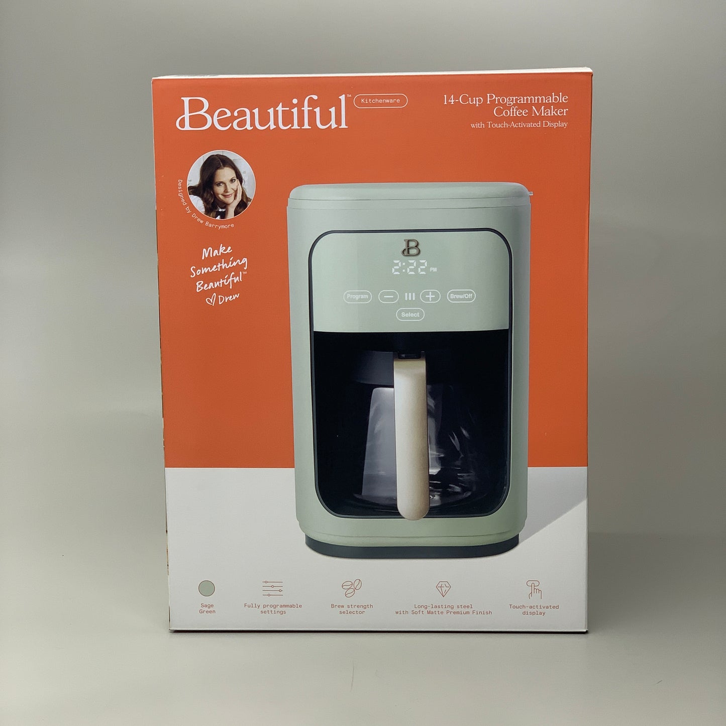 BEAUTIFUL 14-Cup Programmable Coffee Maker Touch-Activated by Drew Barrymore (Sage Green & Gold)