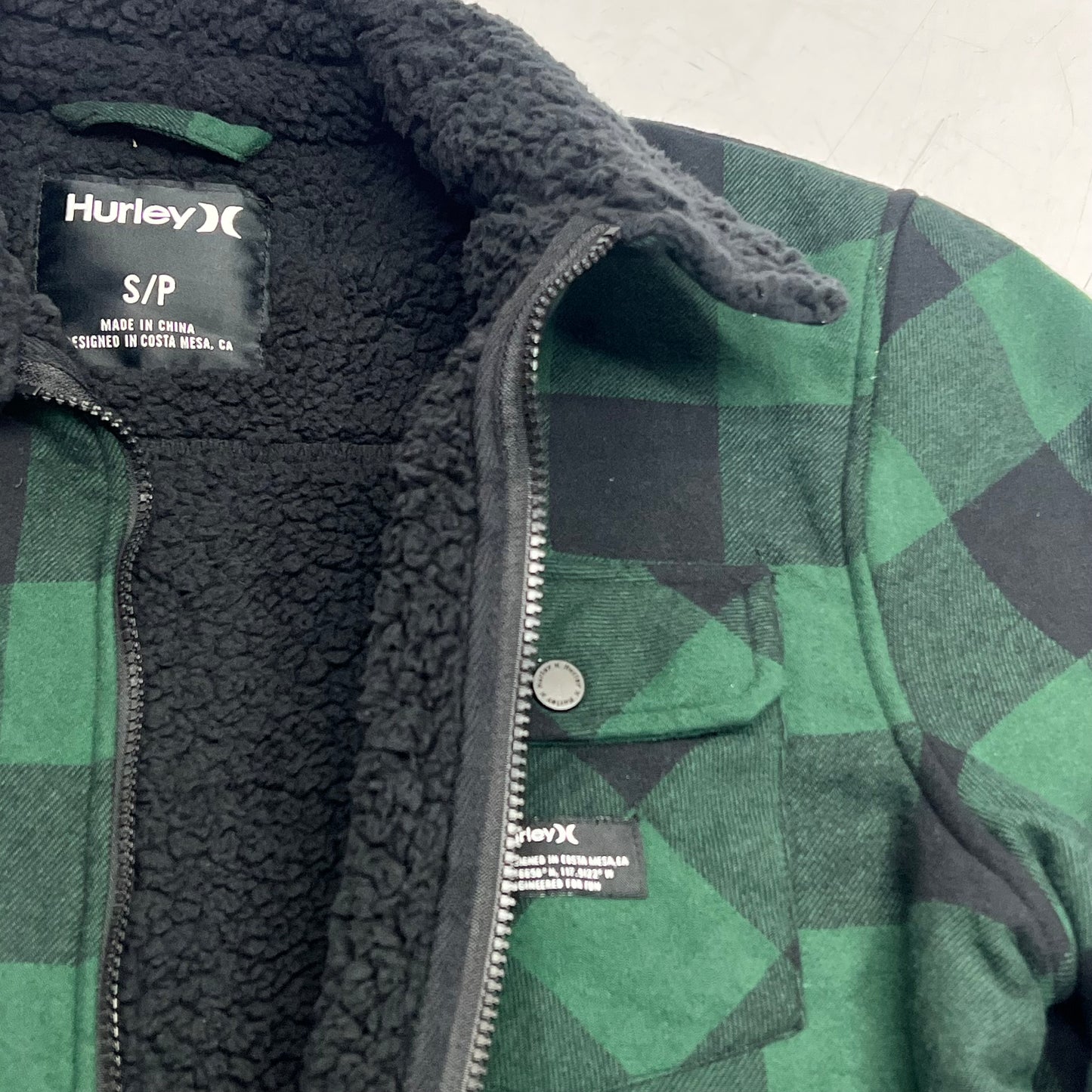 HURLEY Colt Sherpa Full Zip Jacket Men's Sz S Green/Black Plaid H6N491F4