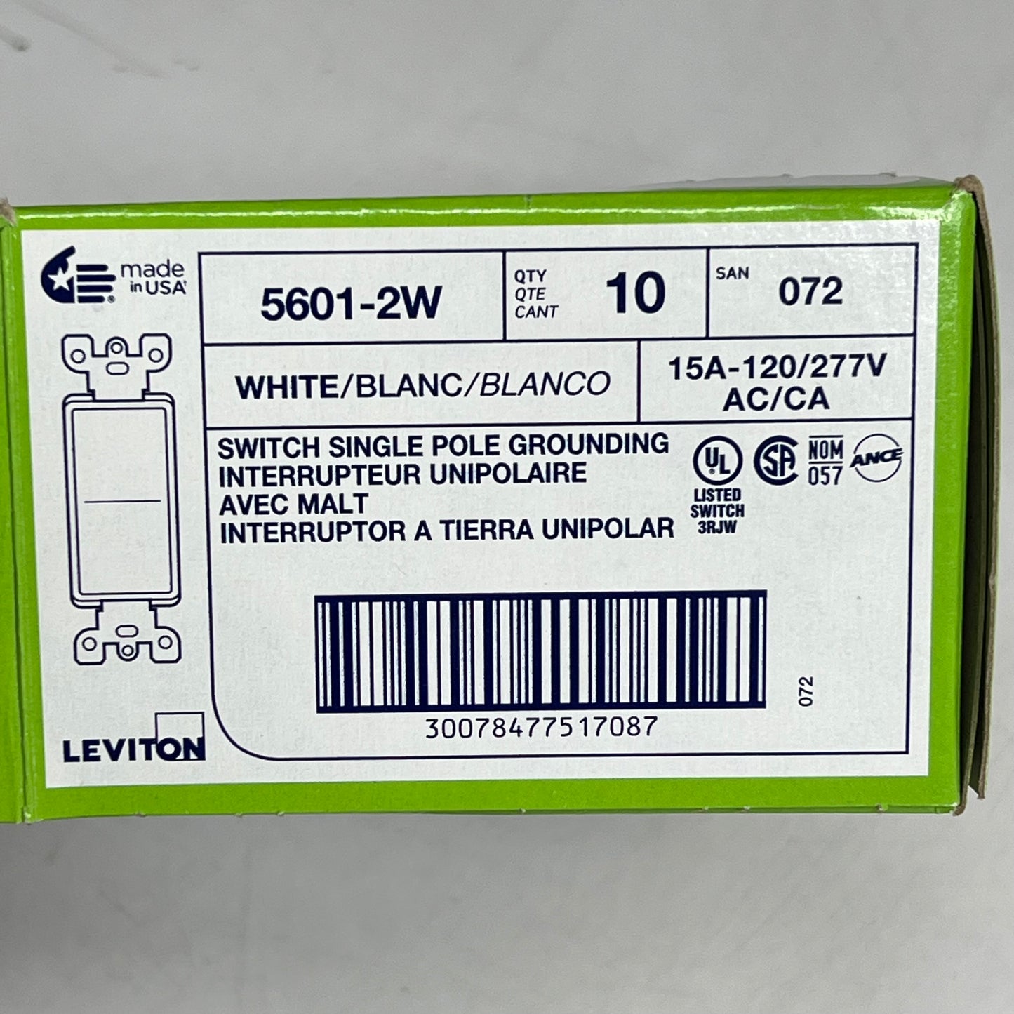ZA@ LEVITON (3 PACK) Decora Single-pole Switch Grounding 15 AMP White 5601-2W