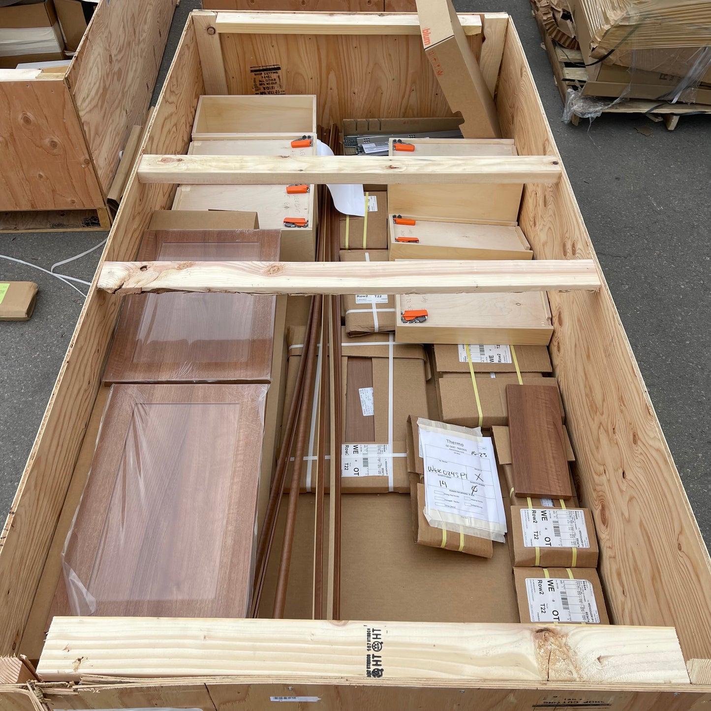 ZA@ Pallet of REBORN CABINETS Pressed Wood Cabinetry Parts Black, White, Walnut (AS-IS)