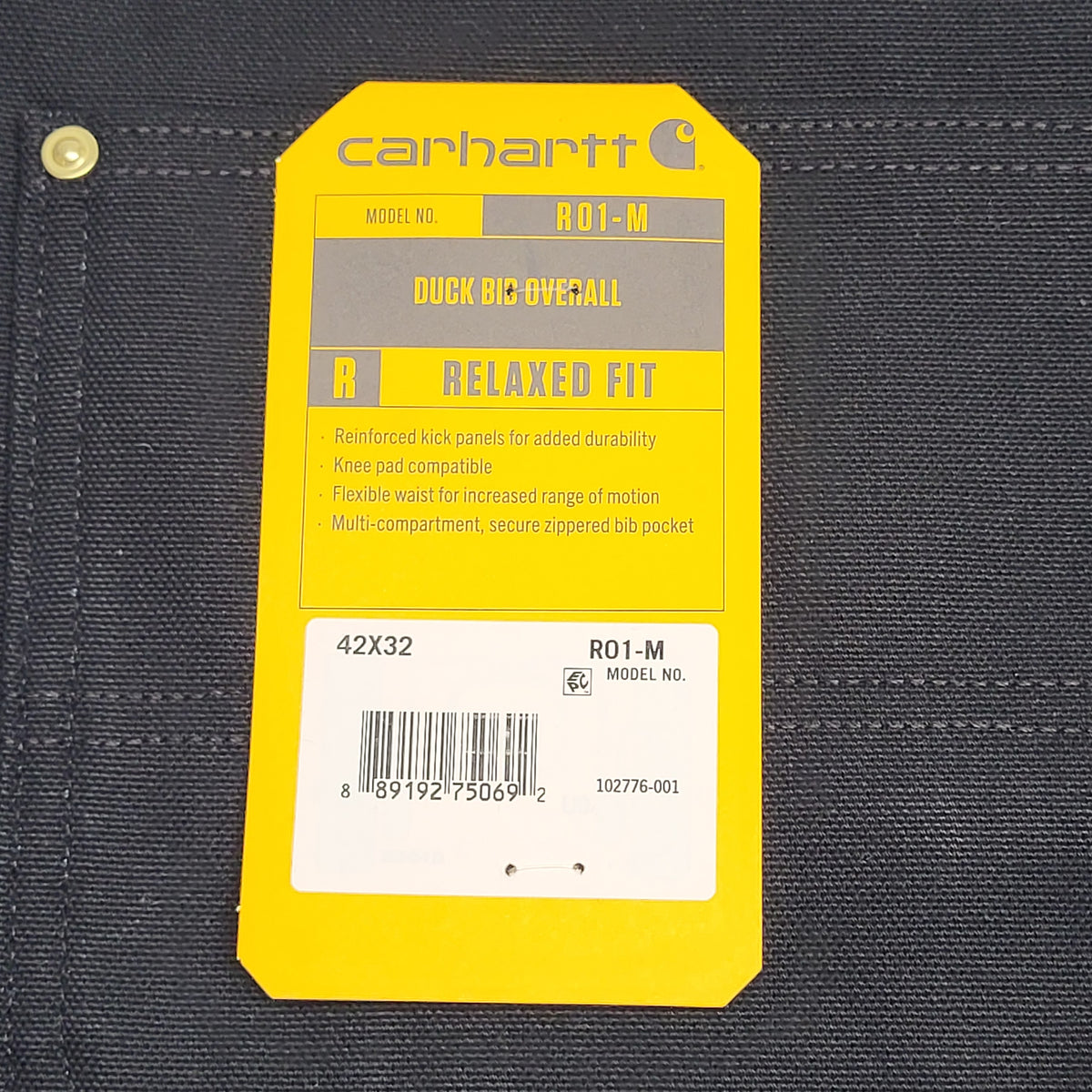 CARHARTT Iconic R01 Duck Rib Overall Wind Fighter Relaxed Fit 42x32 Black 102776-001