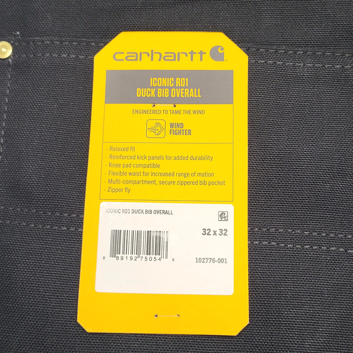 CARHARTT Iconic R01 Duck Rib Overall Wind Fighter 32X32 Black 102776-001