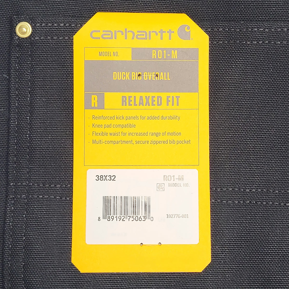 CARHARTT Iconic R01 Duck Rib Overall Wind Fighter Relaxed Fit 38x32 Black 102776-001