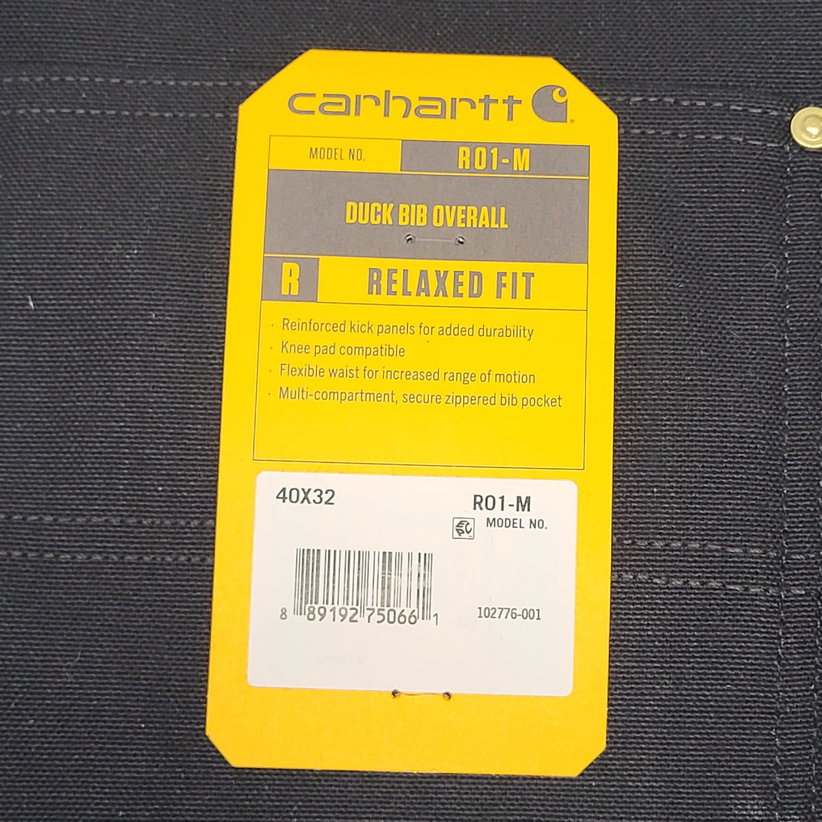CARHARTT Iconic R01 Duck Rib Overall Wind Fighter Relaxed Fit 40X32 Black 102776-001