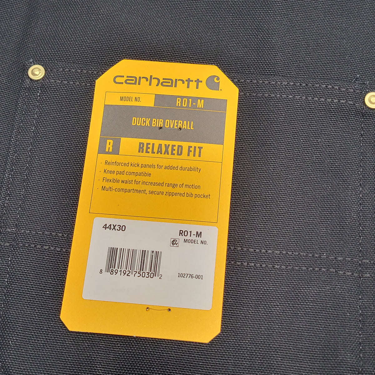 CARHARTT Iconic R01 Duck Rib Overall Wind Fighter Relaxed Fit 44X30 Black 102776-001