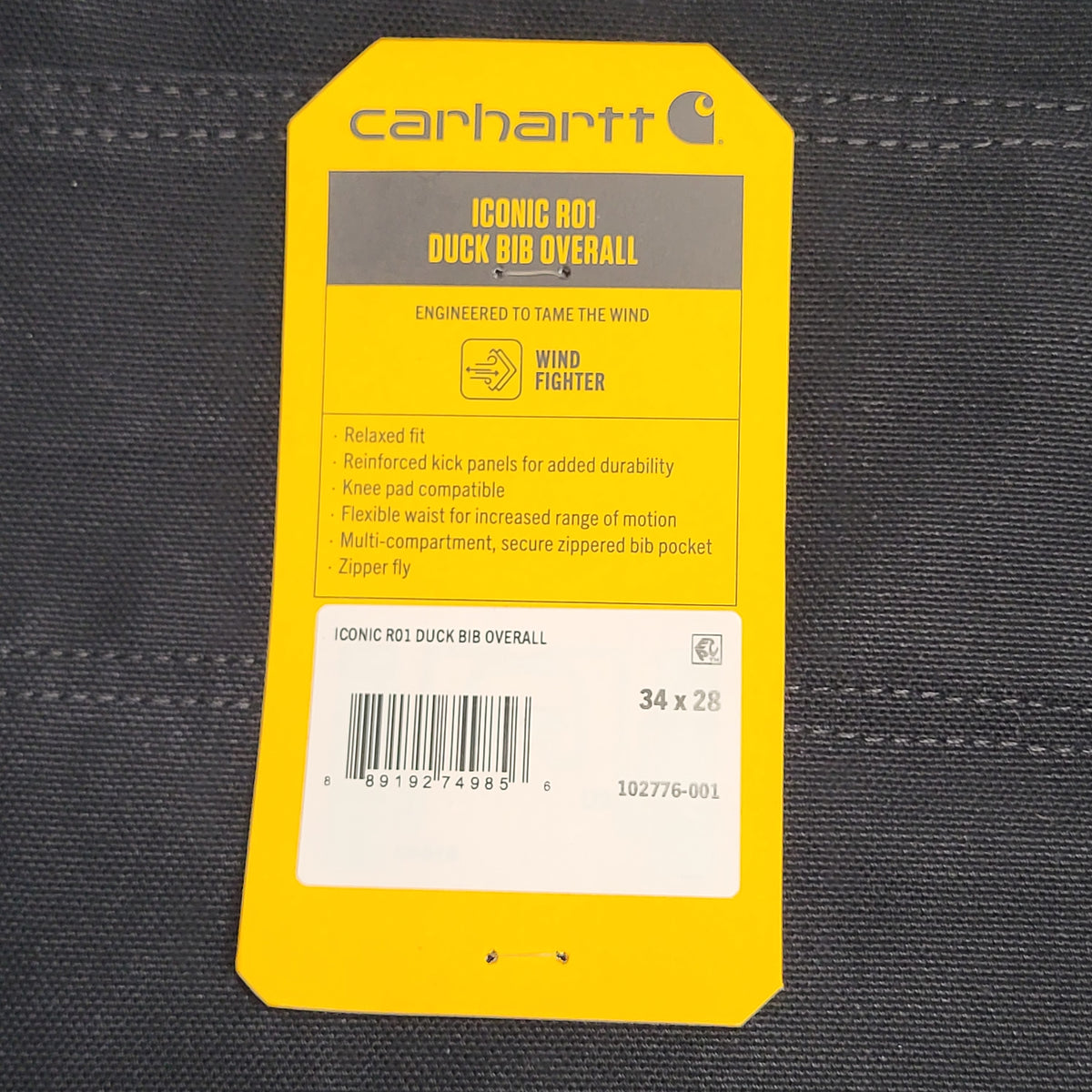 CARHARTT Iconic R01 Duck Rib Overall Wind Fighter 36X30 Black 102776-001