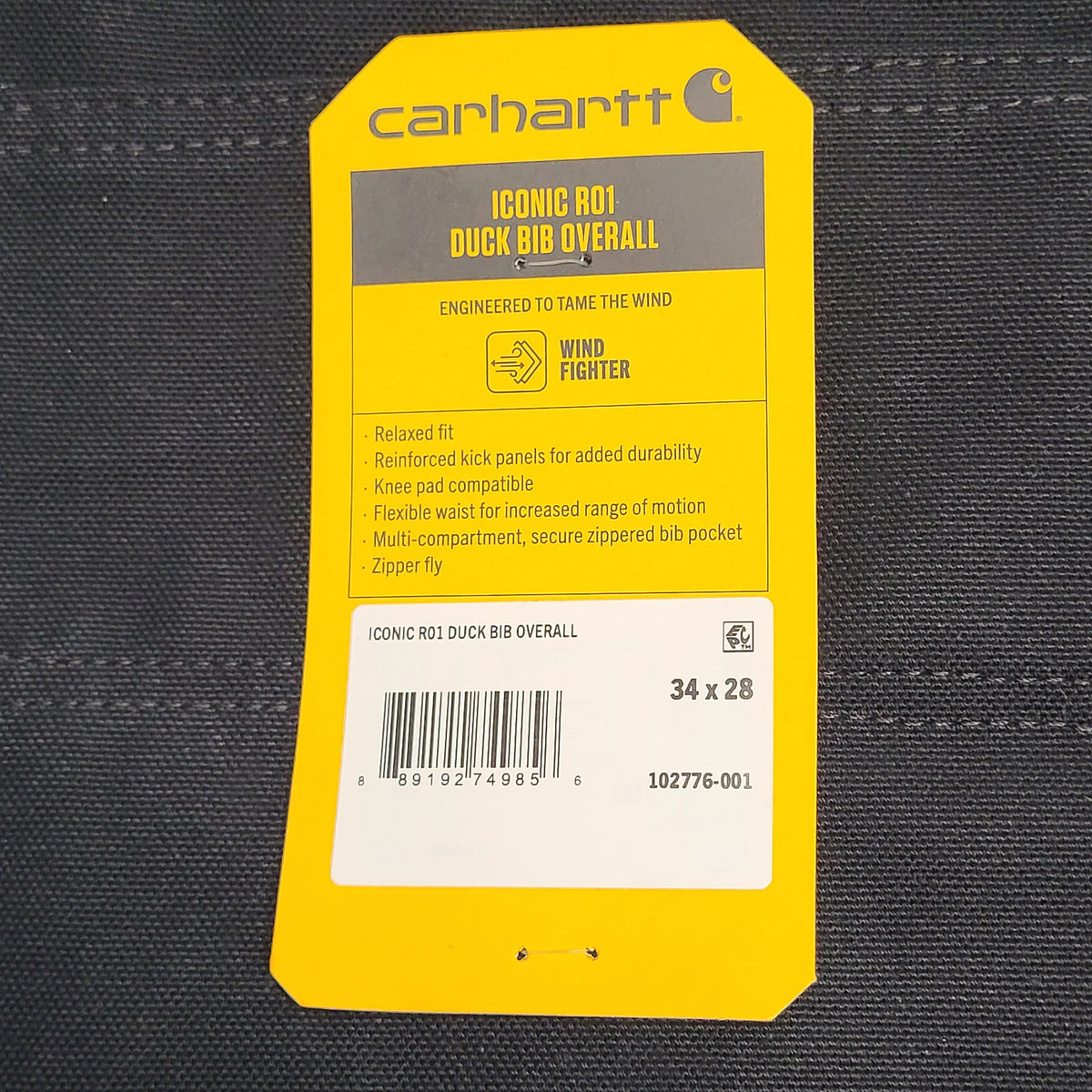 CARHARTT Iconic R01 Duck Rib Overall Wind Fighter 34X28 Black 102776-001