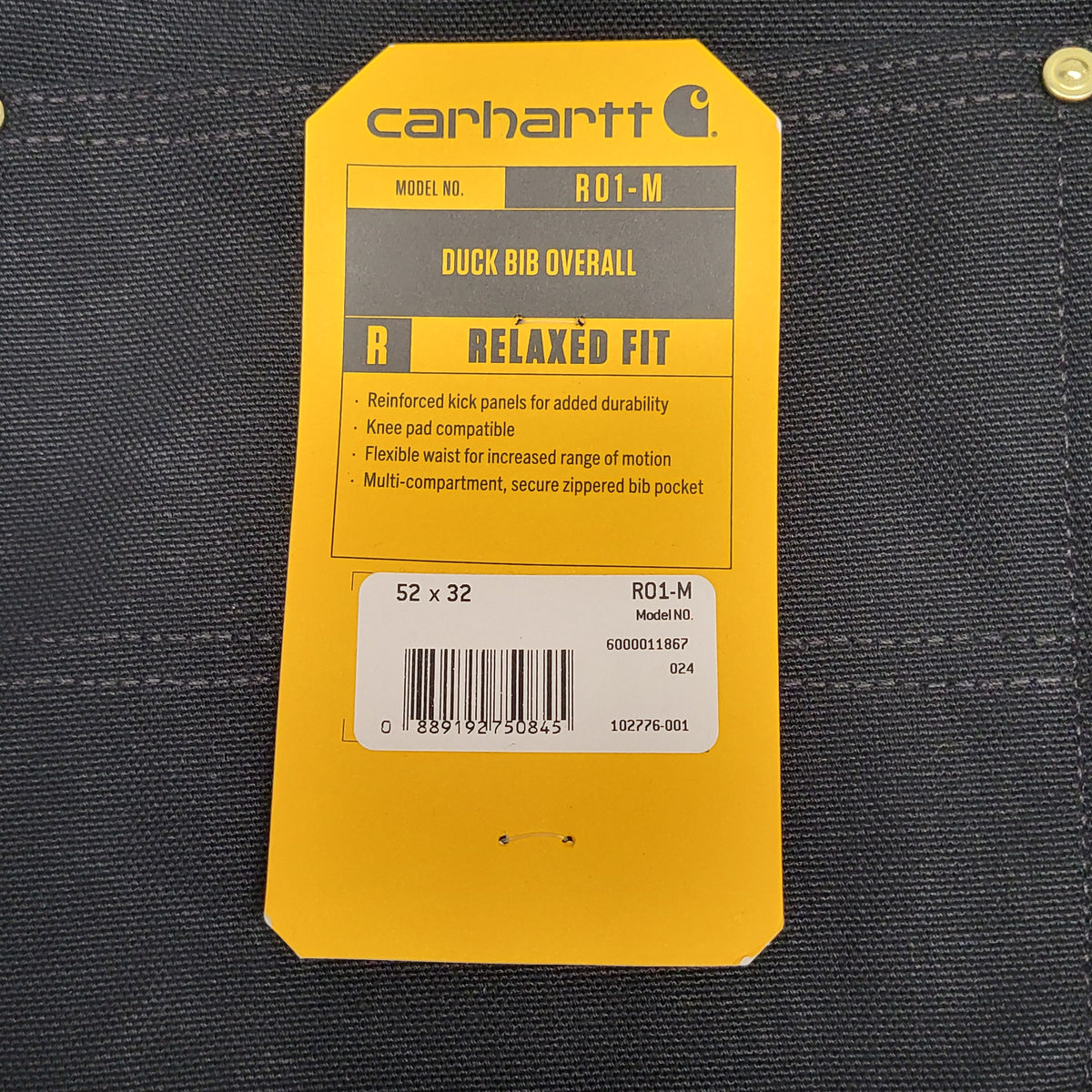 CARHARTT Iconic R01 Duck Rib Overall Wind Fighter Relaxed Fit 52x32 Black 102776-001