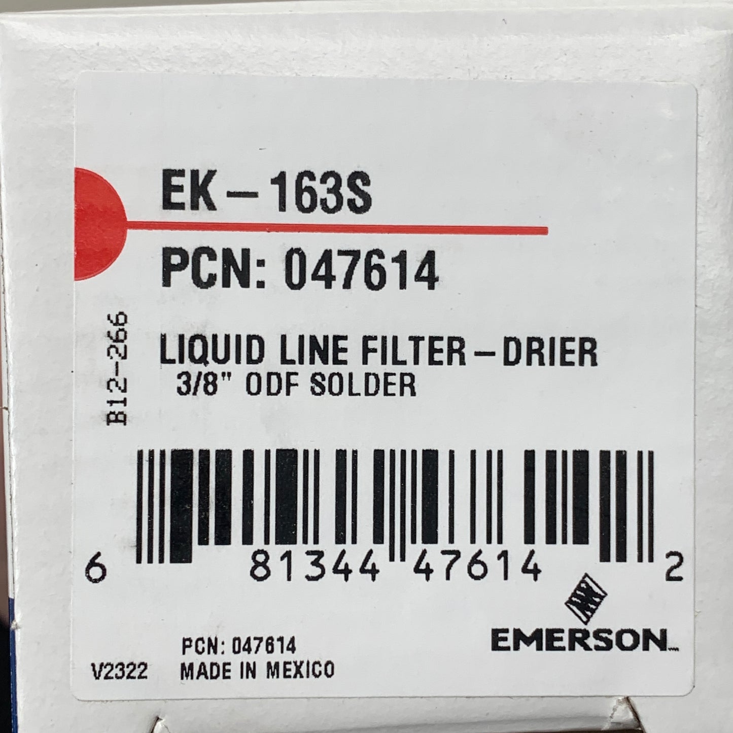 EMERSON Liquid Line Filter Drier, Compacted Bead EK163S - 3/8" 16 in³ 047614