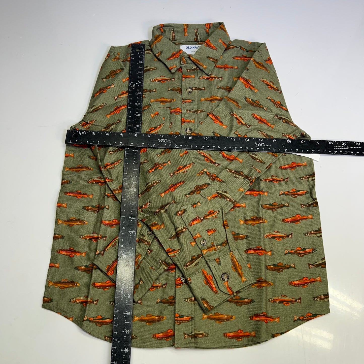 OLD NAVY Printed Fish Pattern Long Sleeve Fennel Pocket Shirt Boy's Sz L Green