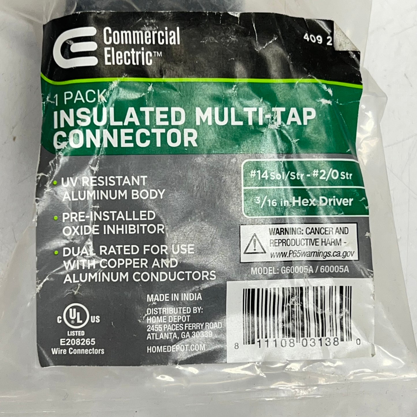 COMMERCIAL ELECTRIC Insulated Multi-tap Connector 14 AWG 2/0 AWG G60005A/60005A