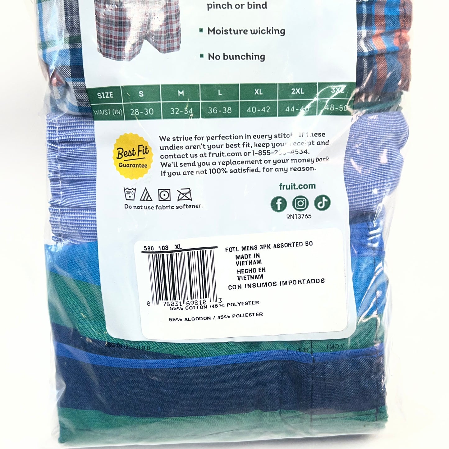 ZA@ FRUIT OF THE LOOM (3 PACK) Eversoft Breathable Fabric No Bunching Boxers Men's Sz XL Plaid/Multicolor 590103