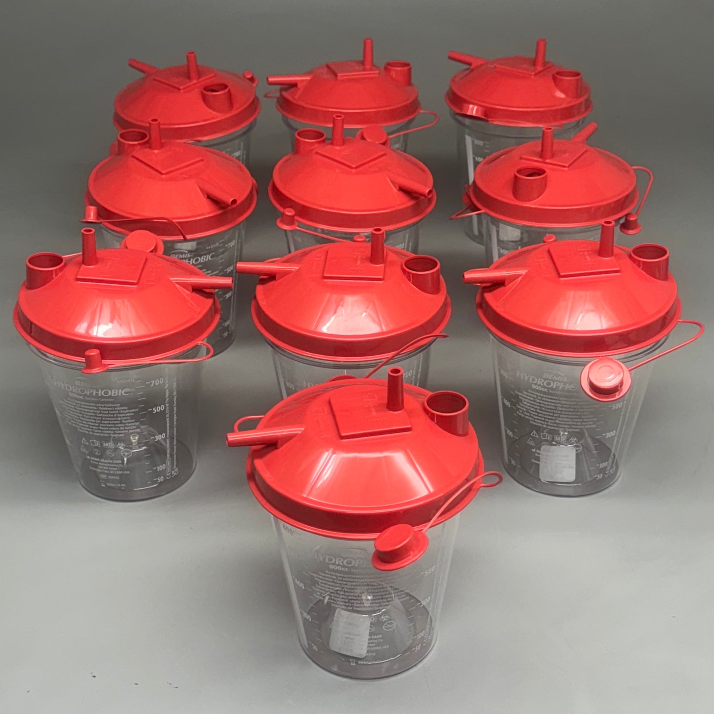 BEMIS HYDROPHOBIC 10PK Suction Canisters 800cc 424410 7 1/2”Hx5”W Clear and Red