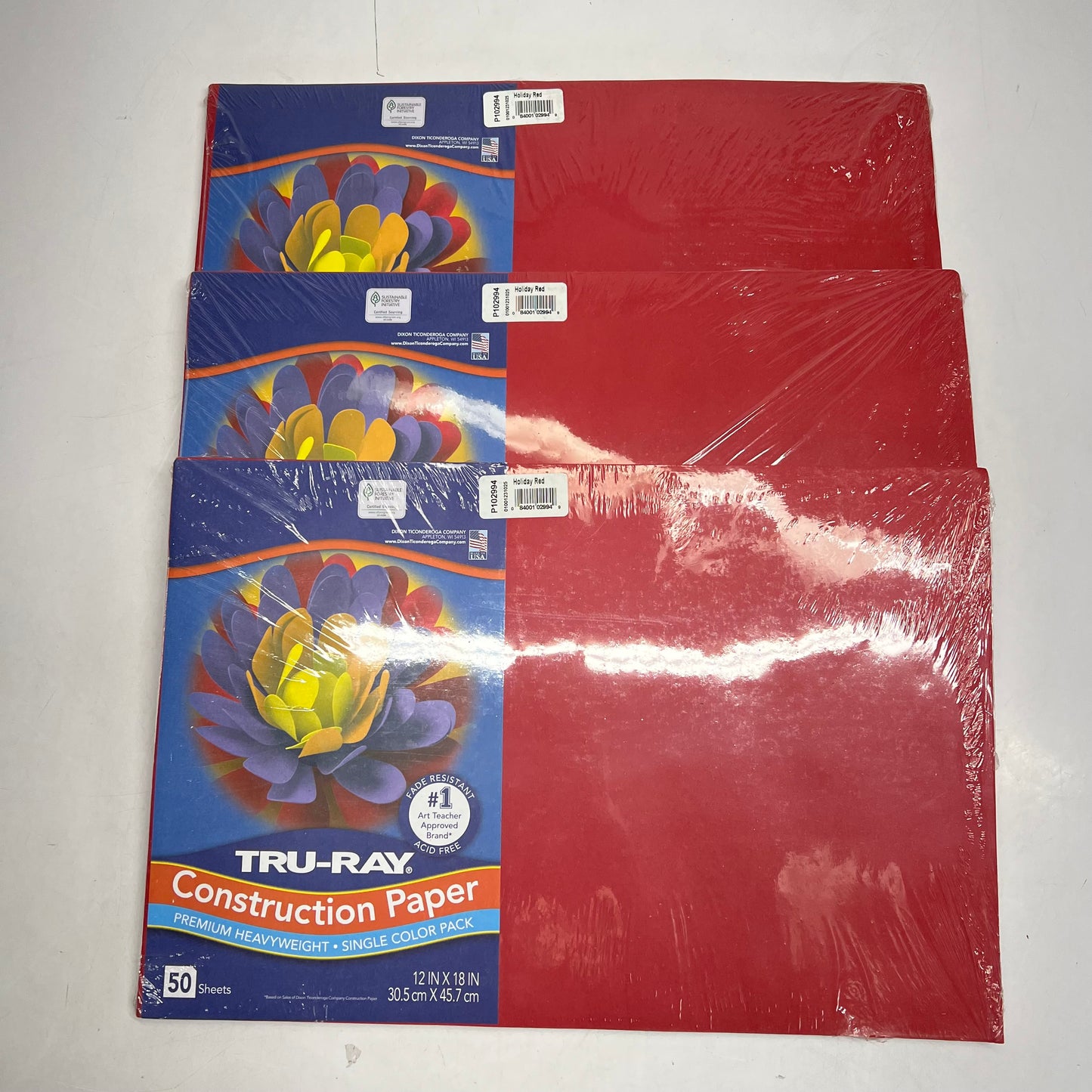 ZA@ TRU-RAY (3 PACK, 50 SHEETS EACH) Premium Construction Paper 12"x18" Holiday Red P102994 (As-Is)