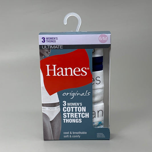 HANES 3 PACK!! Originals Women's Breathable Cotton Stretch Thongs Underwear Sz 6/M Navy/White/Floral 45U0BT