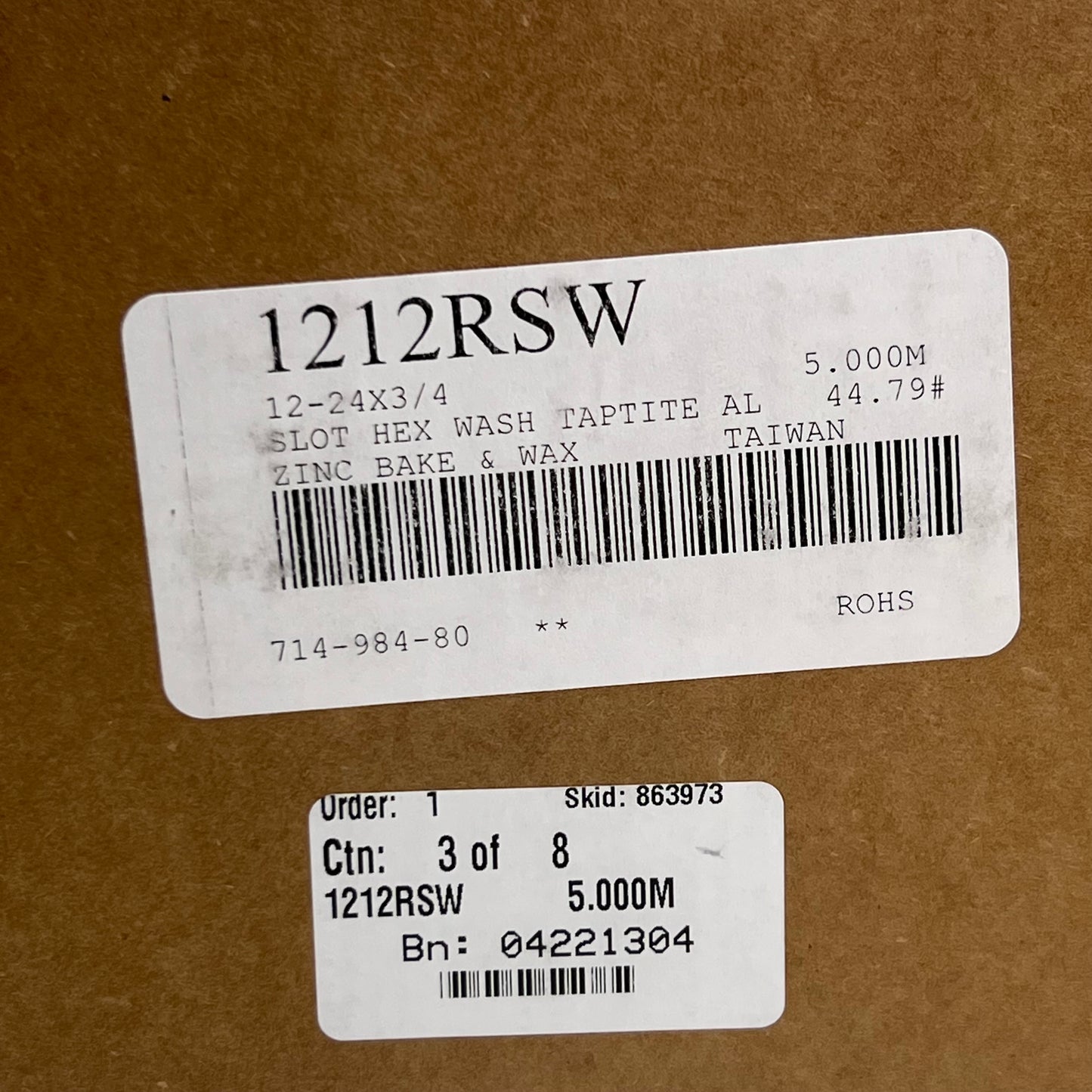 (5000 Screws) Slot Hex Wash Taptite Al Zinc Bake & Wax Sz 12-24X3/4, 1212RSW