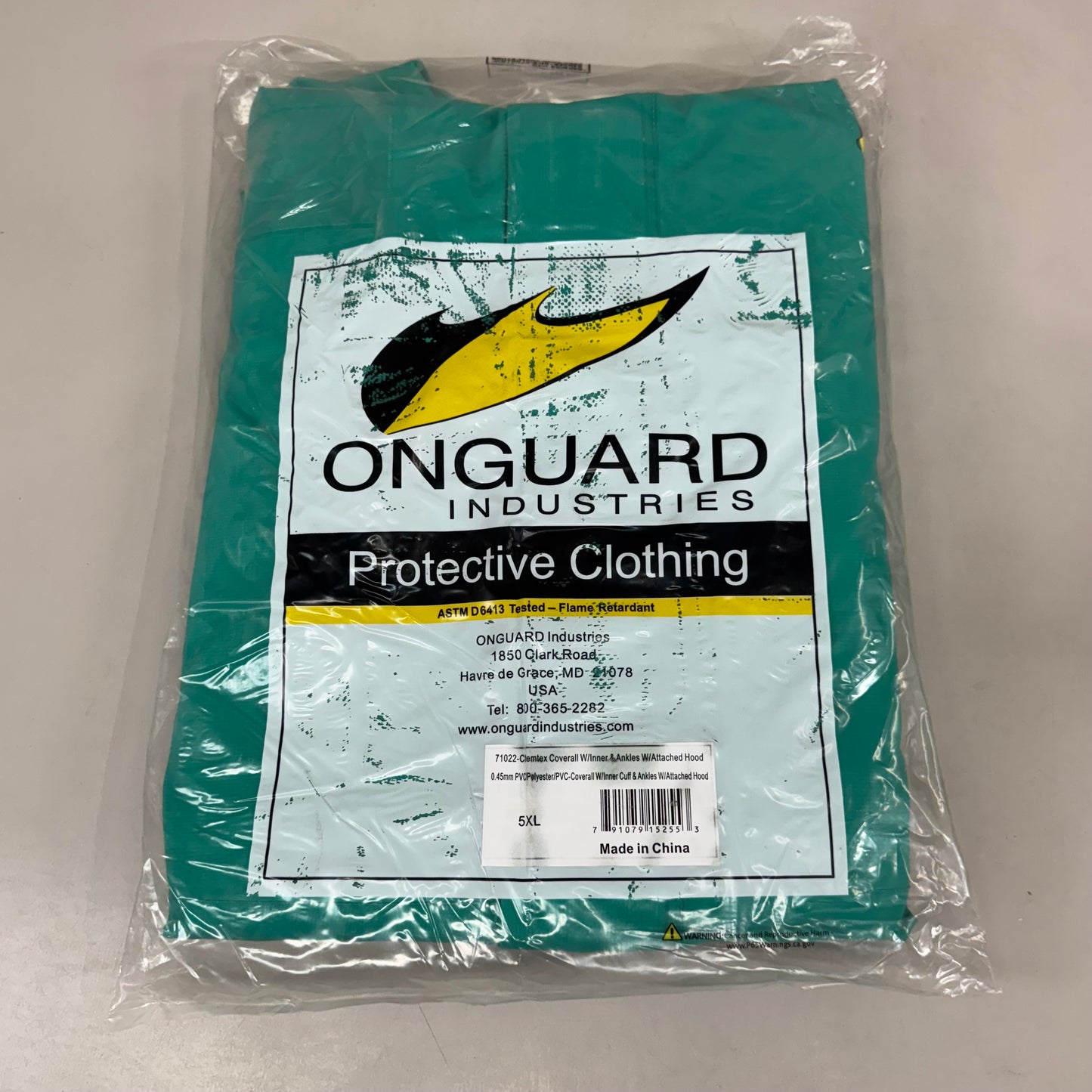 ONGAURD Chemtex Coverall w/ Inner Cuffs Pvc/Polyester Unisex Sz 5XL Green 71022