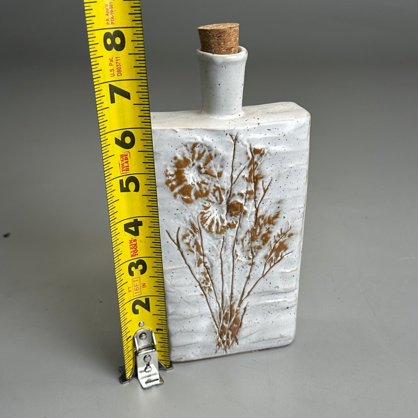 8" Embossed Stoneware Bottle w/Flower & Cork Stopper White