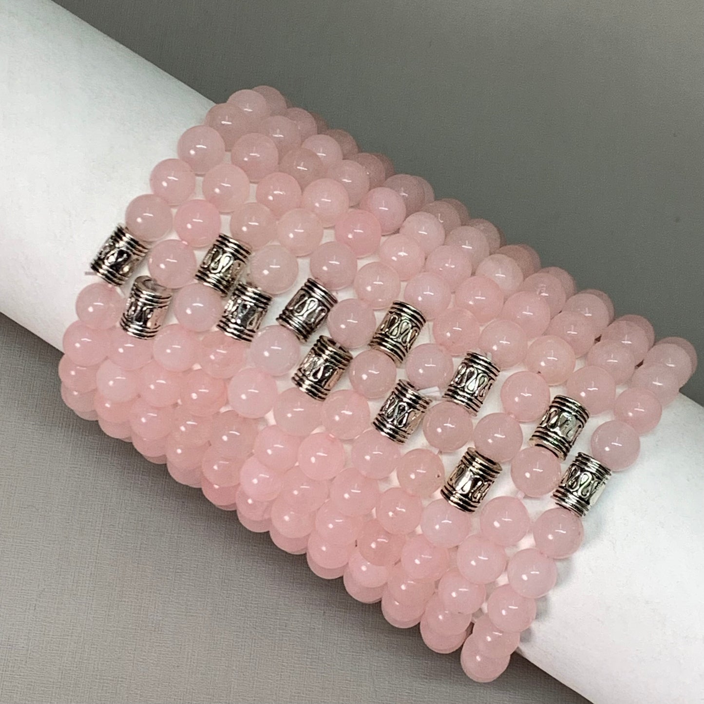 BEST WHOLESALE (12 PACK) Beaded Rose Quartz Crystal Bracelets 3" Silver Jewel New