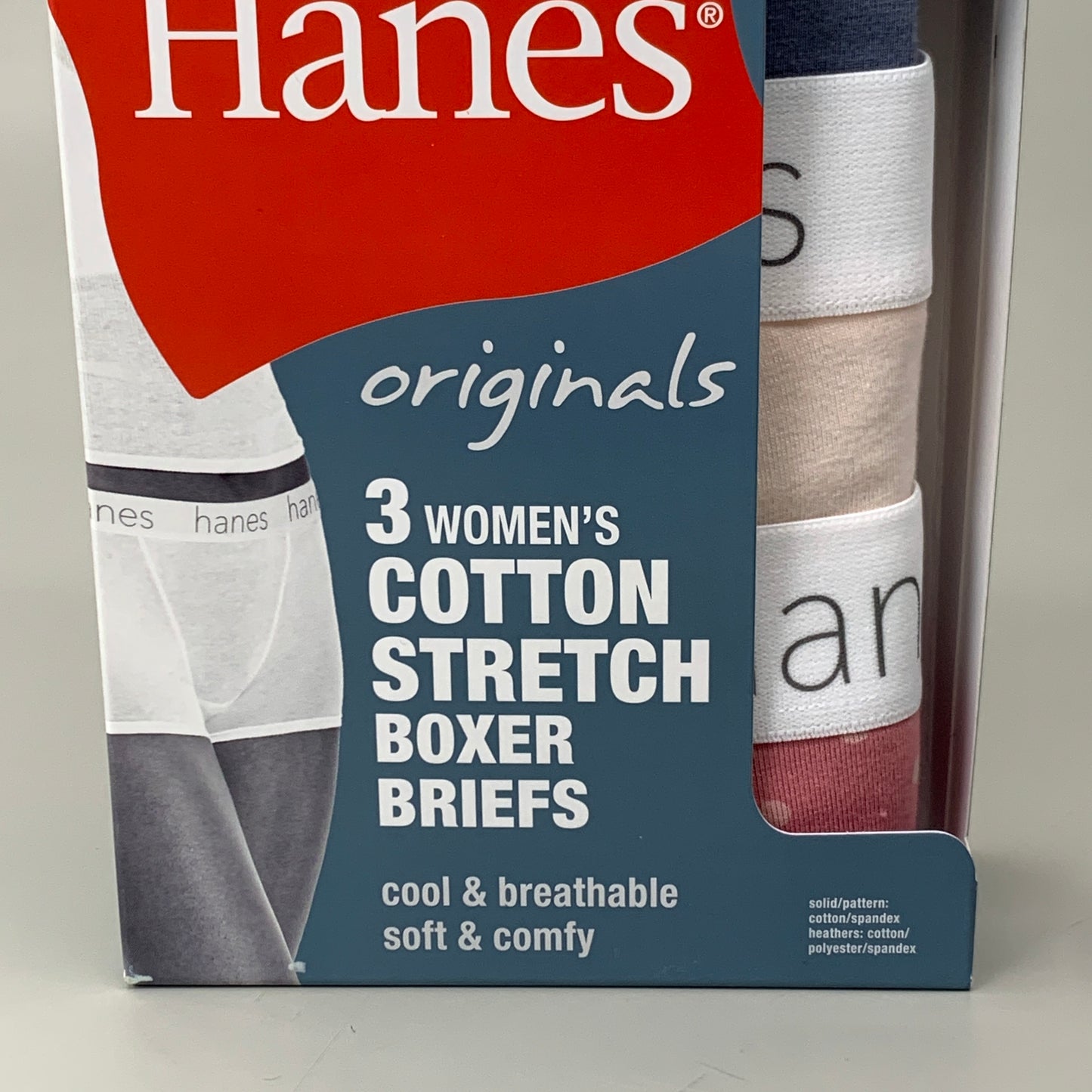 HANES 3 PACK!! Originals Women's Breathable Cotton Boxer Briefs Underwear Sz L Blue/Buff/Pink 45OUBB