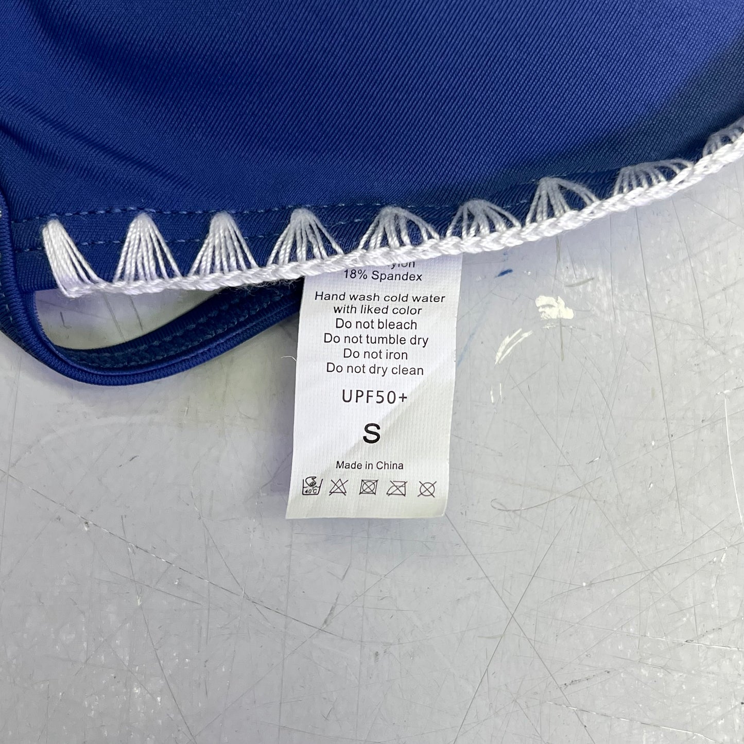 CHARMO Triangle Top Tie Bottoms Contrast Lace Bikini Women's Sz S Blue/White