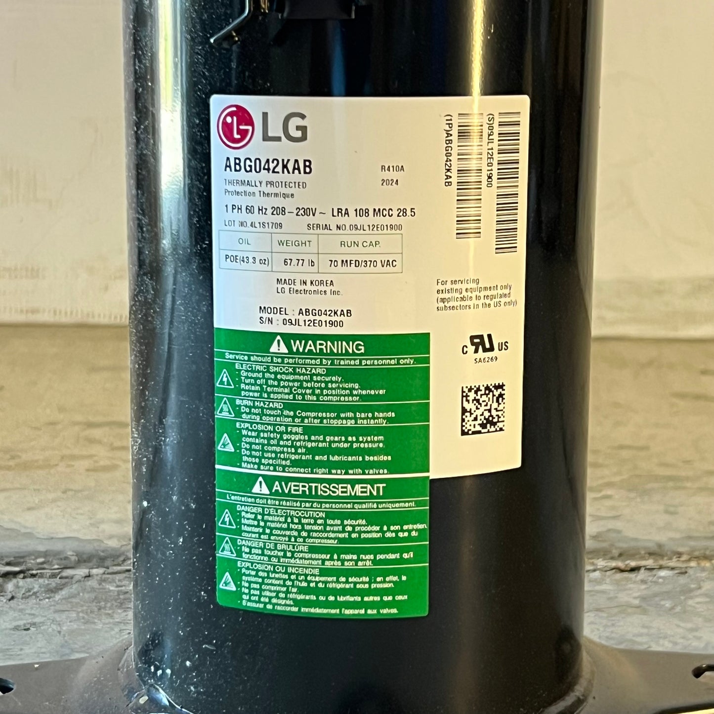LG Hermetic Scroll Compressor R140A Refrigerant Type 208-230V ABG042KAB