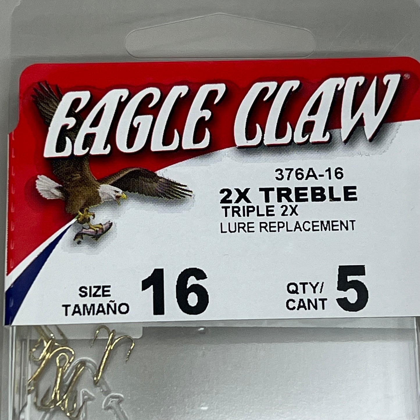 EAGLE CLAW (5 PACK) Curved Point 2X Treble Hook Lure Repla Gold #16 5pc 376A-16