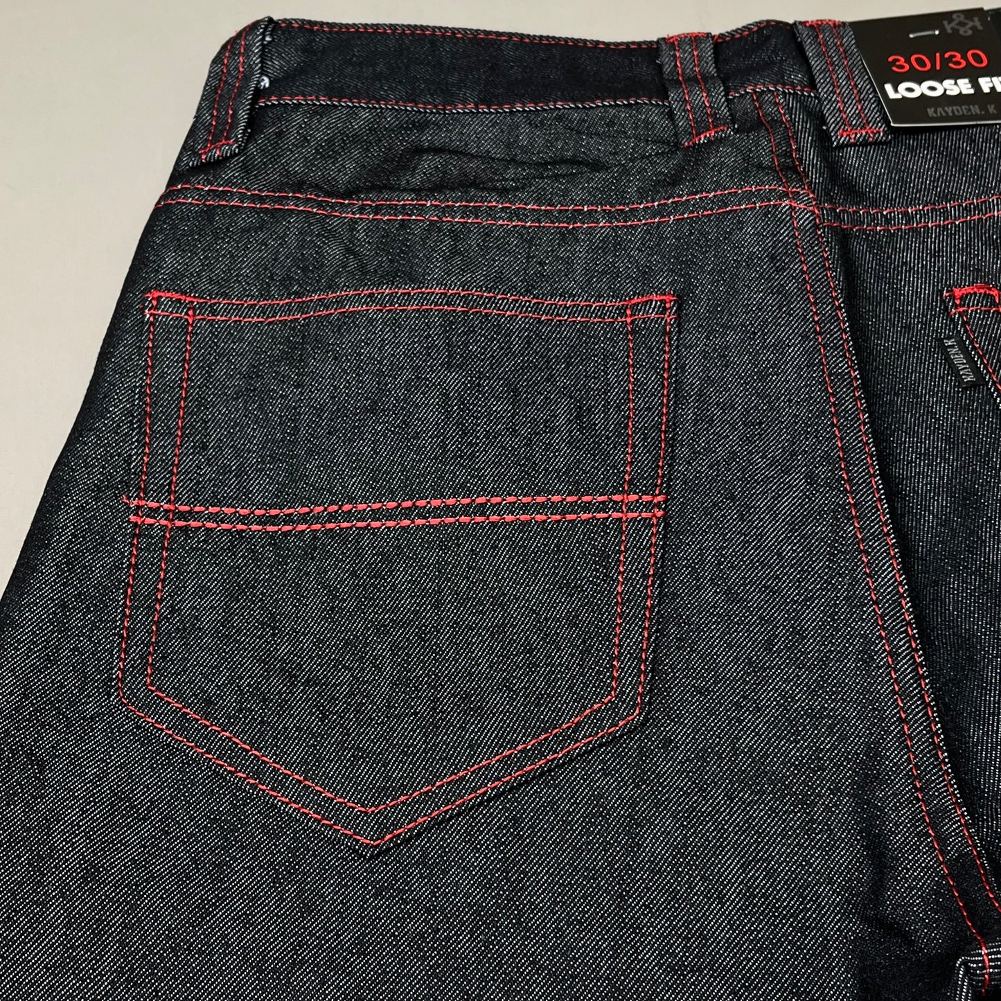 KAYDENK Raw Loose Fit Unwashed Denim Contrast Stitch Jean Men SZ 34/30 Black/Red