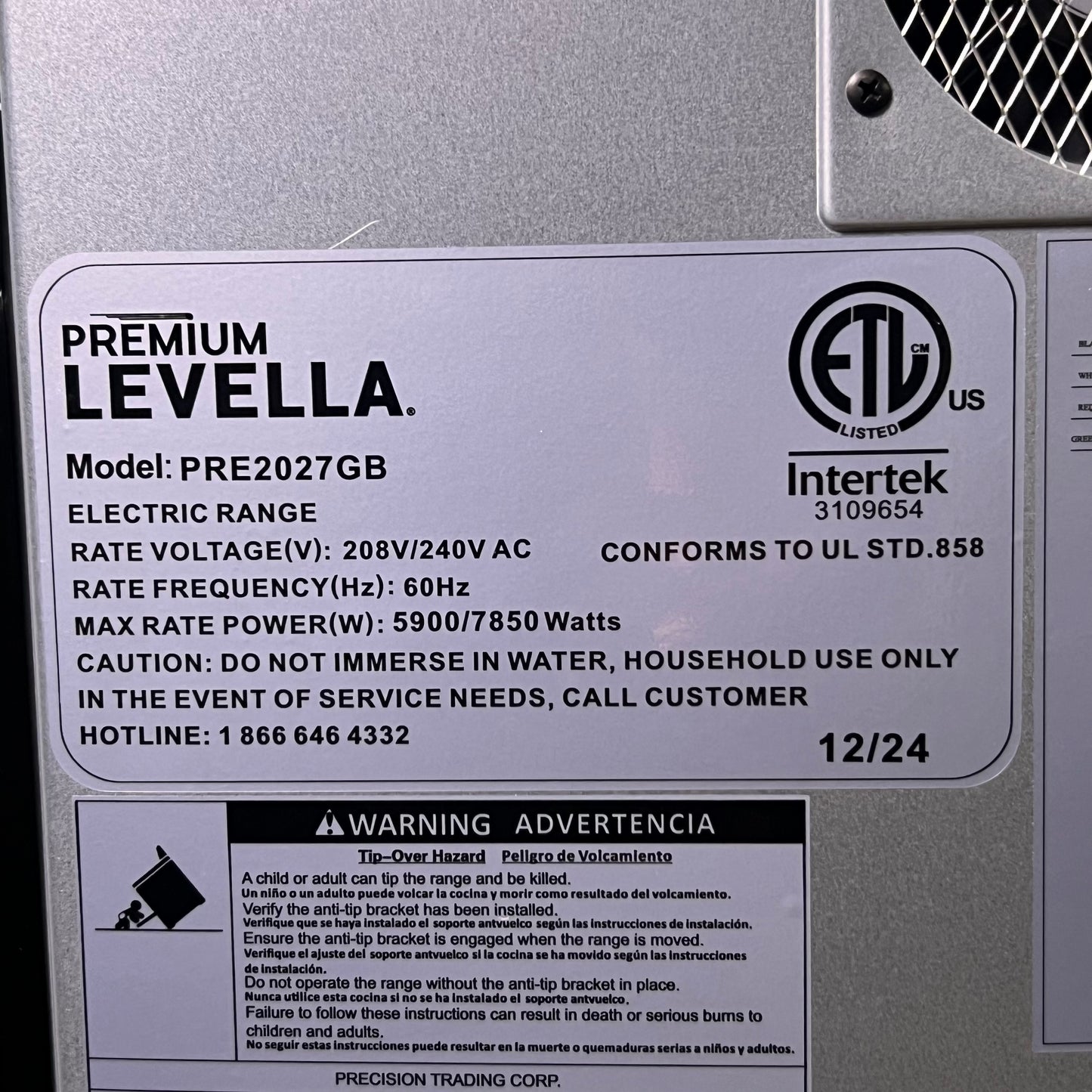 ZA@ PREMIUM LEVELLA  Freestanding Electric Range 240V PRE2027GB Sz 19.5" x 25.2" x 39.3" Black (New)