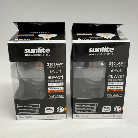 SUNLIGHT (2 PACK) Led Antique Style G30 Lamp Bulb  15,000 Hr Warm White 80450
